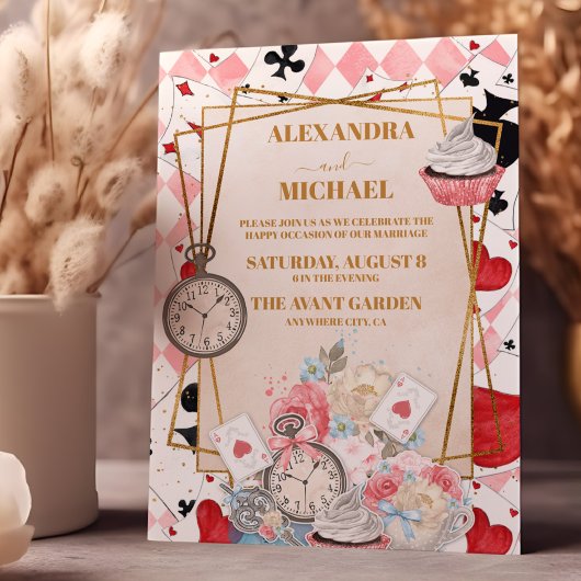 Roze Alice in Wonderland Bruiloft Kaart