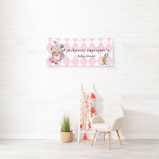 Roze Alice in Wonderland en Vrienden Baby shower Spandoek (Insitu)