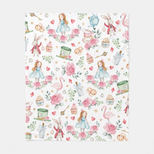 Roze Alice in Wonderland Mad Hatter Girl Nursery Fleece Deken (Voorkant)