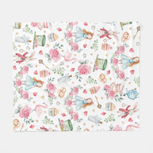 Roze Alice in Wonderland Mad Hatter Girl Nursery Fleece Deken (Voorkant (Horizontaal))