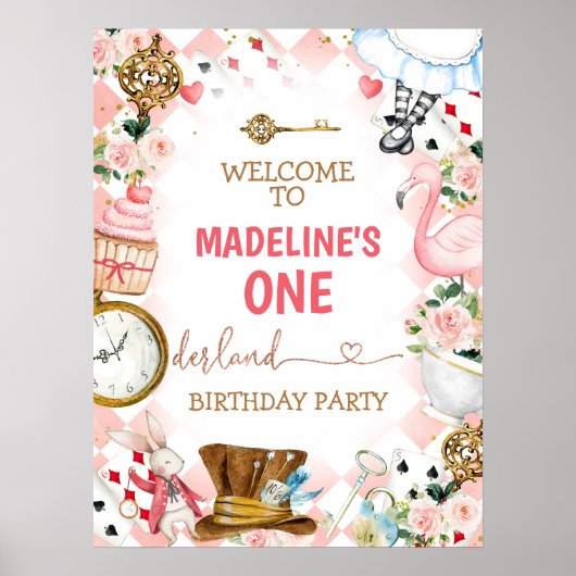 Roze Alice in Wonderland Oneder Birthday Welkom Poster (Voorkant)