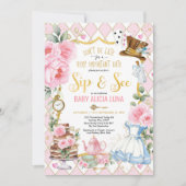 Roze Alice in Wonderland Sip & See Baby shower Tea Kaart (Voorkant)