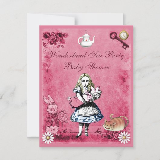 Roze Alice in Wonderland Tea Party Baby shower Kaart (Voorkant)