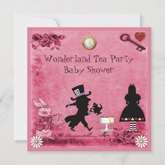 Roze Alice in Wonderland Tea Party Baby shower Kaart (Voorkant)