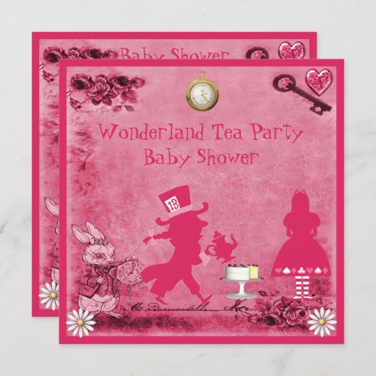 Roze Alice in Wonderland Tea Party Baby shower Kaart (Voorkant / Achterkant)