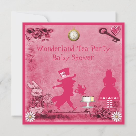 Roze Alice in Wonderland Tea Party Baby shower Kaart (Voorkant)