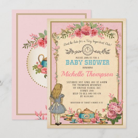 Roze  Alice in Wonderland Tea Party nodigt uit Kaart (Voorkant / Achterkant)