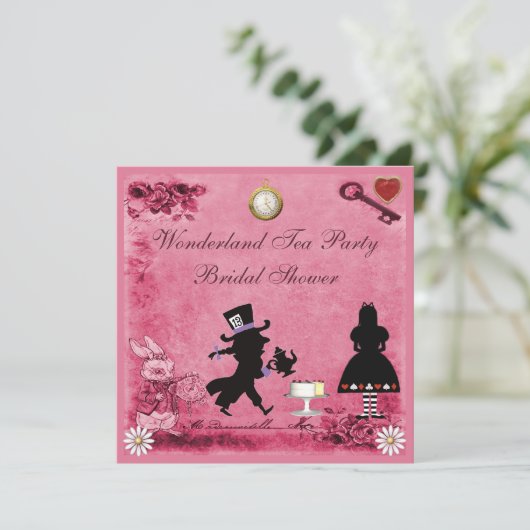 Roze Alice in Wonderland Tea Party Vrijgezellenfee Kaart (Staand voorkant)