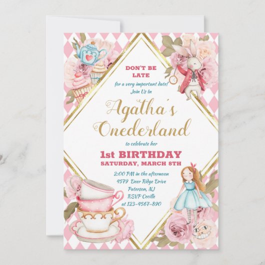 Roze Alice in Wonderland Theepartij Verjaardagsuit Kaart (Voorkant)