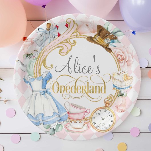 Roze, Alice Onederland, Meisje 1e verjaardag Papieren Bordje