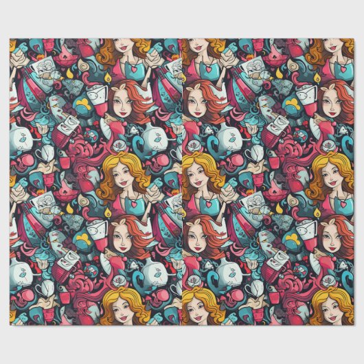 Roze Alice Tea Party Thema Cadeaupapier (Zoom)