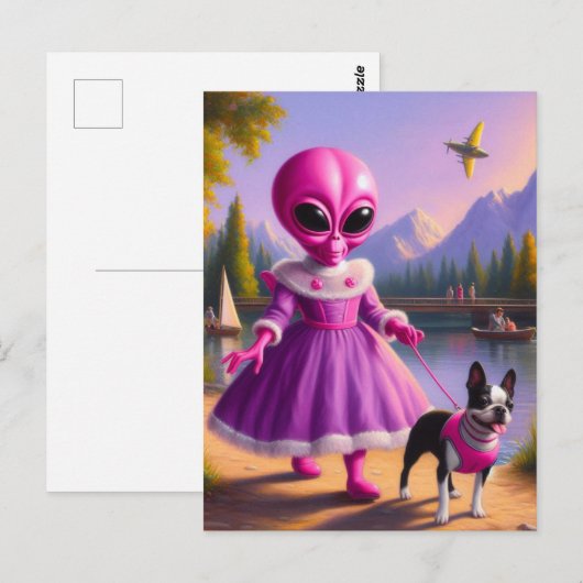 Roze alien die haar Boston Terrier bij Lake Briefkaart (Voorkant / Achterkant)