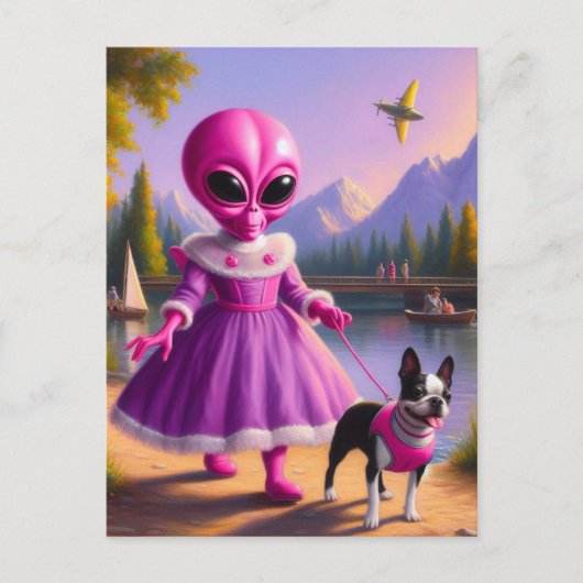 Roze alien die haar Boston Terrier bij Lake Briefkaart (Voorkant)