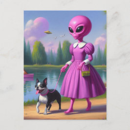 Roze alien loopt met haar Boston Terrier Briefkaart