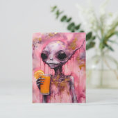 Roze alien met een Oranje sap Briefkaart (Staand voorkant)