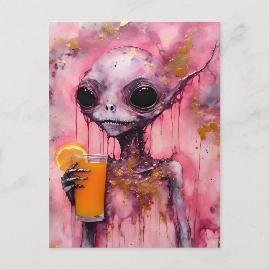 Roze alien met een Oranje sap Briefkaart (Voorkant)