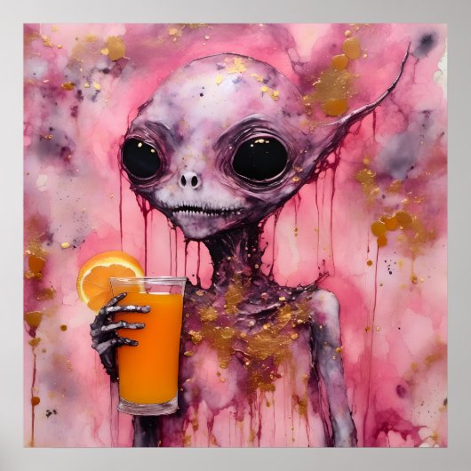 Roze Alien Met Een Sinaasappelsap Poster (Voorkant)