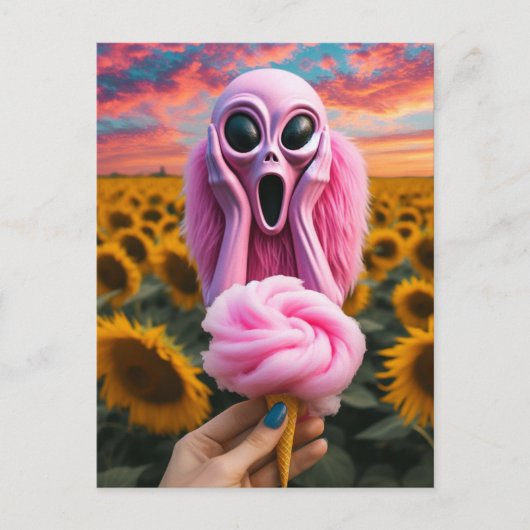 Roze Alien schreeuwt in Van Gogh Zonnebloemveld Briefkaart (Voorkant)