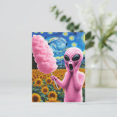 Roze Alien schreeuwt in Van Gogh Zonnebloemveld Briefkaart (Staand voorkant)