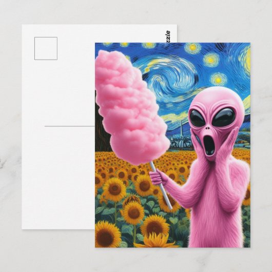 Roze Alien schreeuwt in Van Gogh Zonnebloemveld Briefkaart (Voorkant / Achterkant)