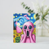 Roze Alien Zonnebloem Veld Regen Katoen Snoep Briefkaart (Staand voorkant)