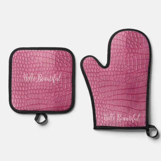Roze Alligator Dierenprint Ovenwant & Pannenlap Set (Voorkant)