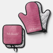 Roze Alligator Dierenprint Ovenwant & Pannenlap Set (Voorkant / Achterkant)
