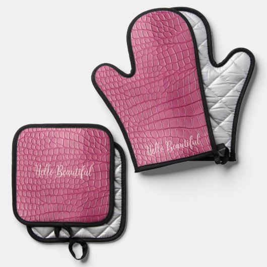 Roze Alligator Dierenprint Ovenwant & Pannenlap Set (Voorkant / Achterkant)