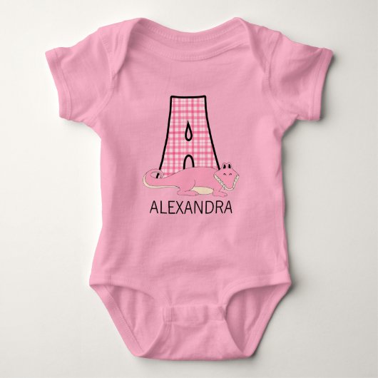Roze Alligator Letter A Monogram met meisjesnaam Romper (Voorkant)