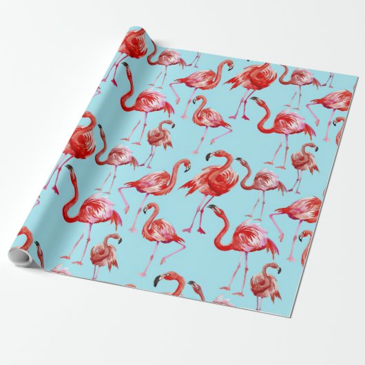 Roze Aloha Flamingo Bird Pattern op Blauwgroen Cadeaupapier (Uitgerold)