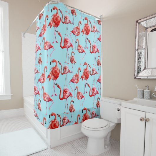 Roze Aloha Flamingo Bird Pattern op Blauwgroen Douchegordijn (In situ)