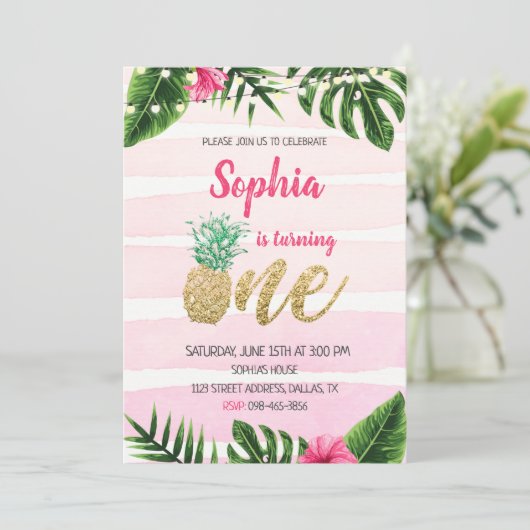 Roze Aloha Gold Uitnodiging één dag (Staand voorkant)