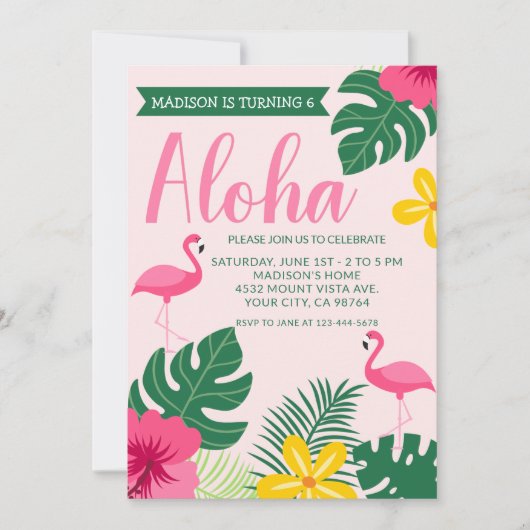 Roze Aloha Tropical Flamingo Luau 6th Birthday Kaart (Voorkant)