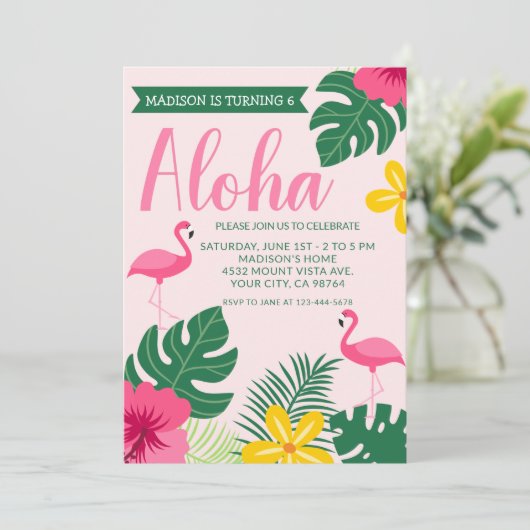 Roze Aloha Tropical Flamingo Luau 6th Birthday Kaart (Staand voorkant)