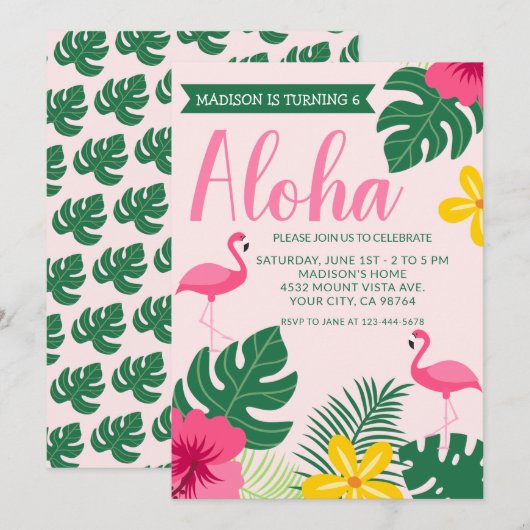 Roze Aloha Tropical Flamingo Luau 6th Birthday Kaart (Voorkant / Achterkant)