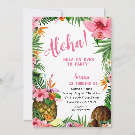 Roze Aloha Verjaardag, Hawaïaanse Luau Tropical Kaart (Voorkant)