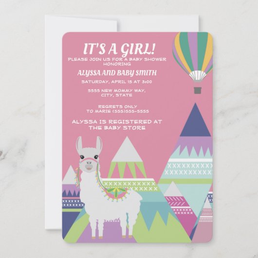 Roze alpaca ballon Baby Girl Shower Kaart (Voorkant)
