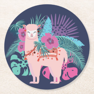 Roze alpiaca, lamatropische bladeren en bloemen ronde kartonnen onderzetter