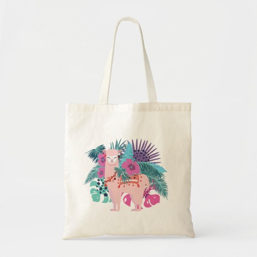 Roze alpiaca, lamatropische bladeren en bloemen va tote bag (Voorkant)