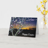 Roze amandelbloesem op zonsondergang, Happy Pasen Kaart (Gele Bloem)