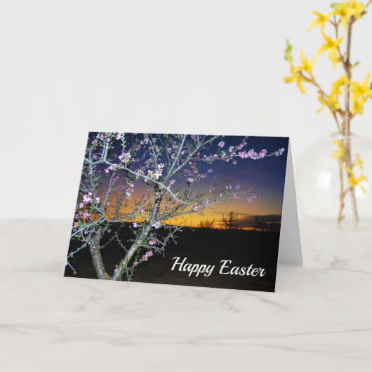 Roze amandelbloesem op zonsondergang, Happy Pasen Kaart (Gele Bloem)