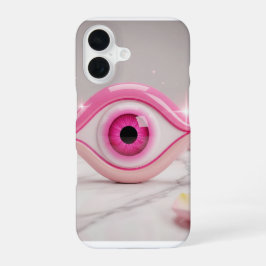 Roze amulet met boze oog op marmeren oppervlak iPhone 16 hoesje