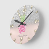 Roze anananas Glitter Silver Glitter Bokeh Ronde Klok (Hoek)