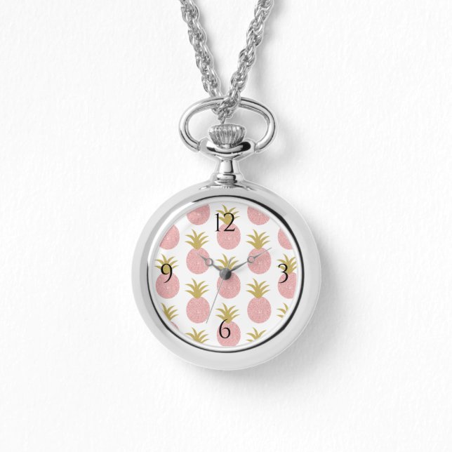 Roze anananas Silver Wrap rond keten Horloge (Voorkant)