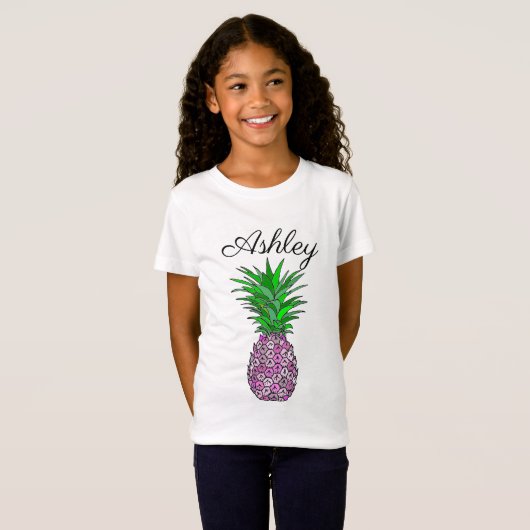 Roze ananas Tropisch gepersonaliseerd meisje T-shirt (Voorkant volledig)
