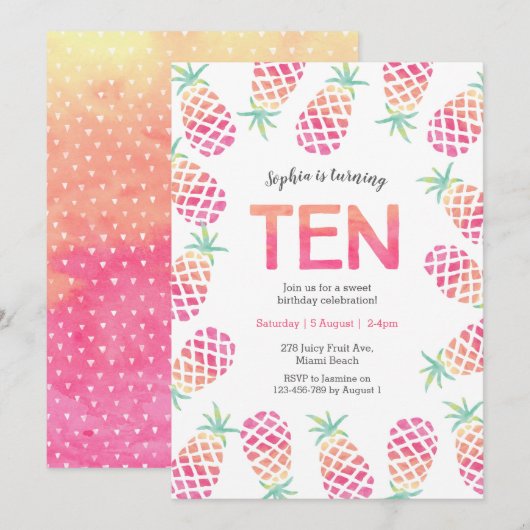 Roze ananas tropische 10e verjaardag Uitnodiging (Voorkant / Achterkant)