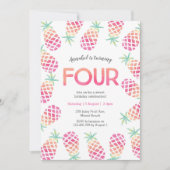 Roze ananas tropische 4e verjaardag Uitnodiging (Voorkant)