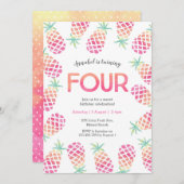 Roze ananas tropische 4e verjaardag Uitnodiging (Voorkant / Achterkant)