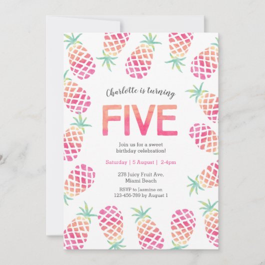 Roze ananas tropische 5e verjaardag Uitnodiging (Voorkant)