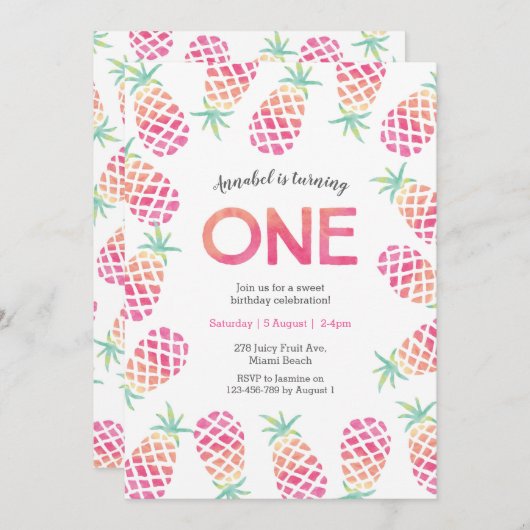 Roze ananas tropische verjaardag Uitnodiging (Voorkant / Achterkant)